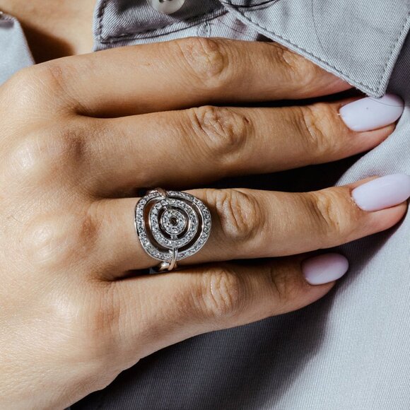 Silver 925 Rhodium Plated Bent Target CZ Ring - Picture 2 of 5